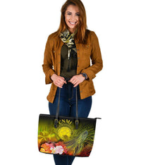 CNMI Leather Tote Bag - Humpback Whale with Tropical Flowers (Yellow) - Polynesian Pride