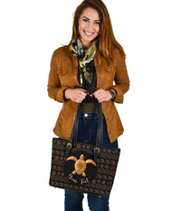 Personalized - Hawaii Turtle Golden Pattern Small Leather Tote Bag - Polynesian Pride