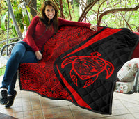 Hawaii Turtle Map Polynesian Premium Quilt - Red - Circle Style - Polynesian Pride
