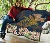 Hawaii Turtle Plumeria Polynesian Kanaka Map - Blue Style - Premium Quilt AH - Polynesian Pride