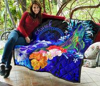 Chuuk Premium Quilt - Humpback Whale with Tropical Flowers (Blue) - Polynesian Pride