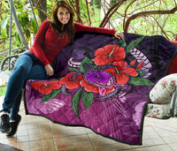 Polynesian Premium Quilt - Purple Hibiscus Turtle Flowing - Polynesian Pride