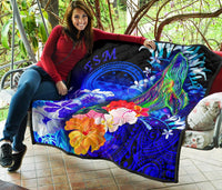 Federated States of Micronesia Premium Quilts - Humpback Whale with Tropical Flowers (Blue) - Polynesian Pride