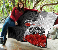 Tahiti Polynesian Premium Quilt - Coat Of Arm With Hibiscus White - Polynesian Pride