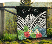 Tahiti Premium Quilt - Tahiti Coat of Arms & Polynesian Tropical Flowers White - Polynesian Pride