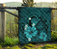 Hawaii Turtle Poly Tribal Turquoise Premium Quilt - Polynesian Pride