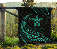 Hawaii Turtle Hibicus Premium Quilt - Frida Style - Turquoise - Polynesian Pride