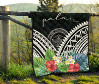 Palau Premium Quilt - Palau Coat of Arms & Polynesian Tropical Flowers White - Polynesian Pride