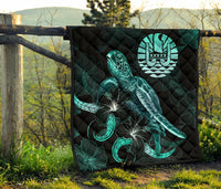 Tahiti Polynesian Premium Quilt - Turtle With Blooming Hibiscus Turquoise - Polynesian Pride