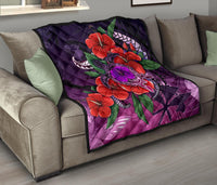 Polynesian Hawaii Premium Quilt - Purple Hibiscus Turtle Flowing - Polynesian Pride