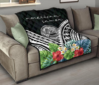American Samoa Premium Quilt - American Samoa Coat of Arms & Polynesian Tropical Flowers White - Polynesian Pride