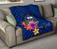 Samoa Polynesian Custom Personalised Premium Quilt - Floral With Seal Blue - Polynesian Pride