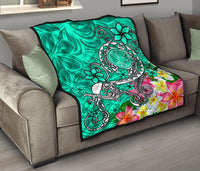 Hawaii Premium Quilt - Turtle Plumeria Polynesian Tattoo Turquoise Color - Polynesian Pride