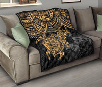 Tonga Polynesian Premium Quilts - Tonga Coat Of Arms & Golden Turtle Hibiscus BLACK - Polynesian Pride