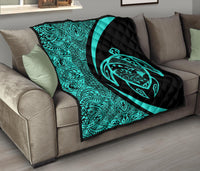 Hawaii Turtle Map Polynesian Premium Quilt - Turquoise - Circle Style - Polynesian Pride