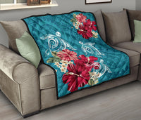 Hawaii Turtle Hibiscus Plumeria Blue Polynesian - Premium Quilt AH - Polynesian Pride
