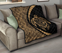 Hawaii Turtle Map Polynesian Premium Quilt - Gold - Circle Style - Polynesian Pride