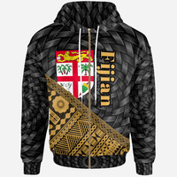 Fiji Zip Hoodie Gold Tapa Patterns With Bamboo Unisex Black - Polynesian Pride