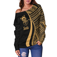 Tuvalu Women's Off Shoulder Sweater - Gold Polynesian Tentacle Tribal Pattern - Polynesian Pride
