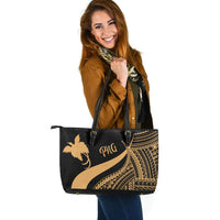 Papua New Guinea Large Leather Tote Bag - Gold Polynesian Tentacle Tribal Pattern - Polynesian Pride