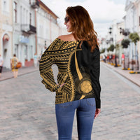 Northern Mariana Islands Women's Off Shoulder Sweater - Gold Polynesian Tentacle Tribal Pattern - Polynesian Pride