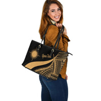 Marshall Islands Custom Personalised Large Leather Tote Bag - Gold Polynesian Tentacle Tribal Pattern - Polynesian Pride