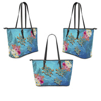 Hawaii Turtle Ocean Tropical Flowers Leather Tote - Siri Style - AH - Polynesian Pride