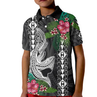 Hawaii Kakau Kid Polo Shirt Mix Sharks Polynesian Hibiscus LT6 Kid Black - Polynesian Pride