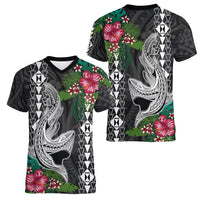 Hawaii Kakau Women V Neck T Shirt Mix Sharks Polynesian Hibiscus LT6 Female Black - Polynesian Pride