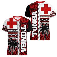 Tonga Kupesi Ngatu Women V Neck T Shirt Proud Tonga with Flag and Palm Tree LT9 Female Red - Polynesian Pride