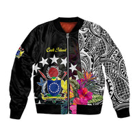 Cook Island Bomber Jacket Tribal Polynesian and Tropical Flowers LT9 Unisex Black - Polynesian Pride
