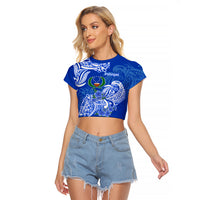 FSM Pohnpei State Raglan Cropped T Shirt Polynesian Floral Tribal LT9 Female Blue - Polynesian Pride