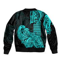 Hawaii Kakau Sleeve Zip Bomber Jacket Polynesian Floral Tribal Aqua Version LT9 - Polynesian Pride