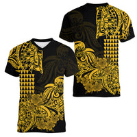 Hawaii Kakau Women V Neck T Shirt Polynesian Floral Tribal Gold Version LT9 Female Gold - Polynesian Pride