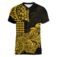 Hawaii Kakau Women V Neck T Shirt Polynesian Floral Tribal Gold Version LT9 - Polynesian Pride