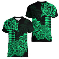 Hawaii Kakau Women V Neck T Shirt Polynesian Floral Tribal Green Version LT9 Female Green - Polynesian Pride