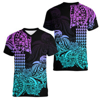 Hawaii Kakau Women V Neck T Shirt Polynesian Floral Tribal Heliotrope Version LT9 Female Heliotrope - Polynesian Pride