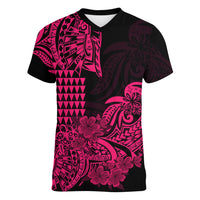 Hawaii Kakau Women V Neck T Shirt Polynesian Floral Tribal Pink Version LT9 - Polynesian Pride