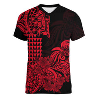Hawaii Kakau Women V Neck T Shirt Polynesian Floral Tribal Red Version LT9 - Polynesian Pride