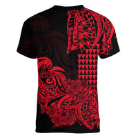 Hawaii Kakau Women V Neck T Shirt Polynesian Floral Tribal Red Version LT9 - Polynesian Pride