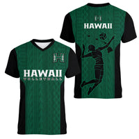 Hawaii Volleyball Women V Neck T Shirt Hawaiian Kakau Green Style LT14 Female Green - Polynesian Pride
