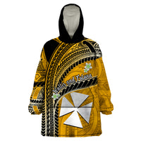 (Custom Personalised) Wallis And Futuna Wearable Blanket Hoodie Plumeria Flowers With Gold Polynesian Pattern LT14 - Polynesian Pride