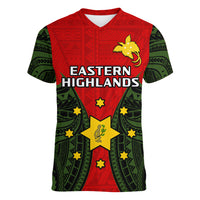 Papua New Guinea Women V Neck T Shirt Eastern Highlands Province Mix Coat Of Arms Polynesian Art LT14 - Polynesian Pride