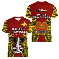 Papua New Guinea Women V Neck T Shirt Madang Province Mix Coat Of Arms Polynesian Art LT14 Female Red - Polynesian Pride
