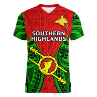 Papua New Guinea Women V Neck T Shirt Southern Highlands Province Mix Coat Of Arms Polynesian Art LT14 - Polynesian Pride