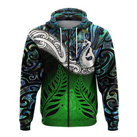 New Zealand Maori Zip Hoodie Manaia Paua Shell Glitter Green LT4 - Polynesian Pride