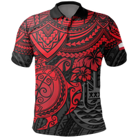 Tahiti Polo Shirt Tahitian FLag Red Turtle Hibiscus Unisex RED - Polynesian Pride