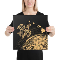 Hawaii Turtle Polynesian Map Plumeria Gold Canvas 16x16 Canvas Gold - Polynesian Pride