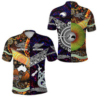 New Zealand Australia Polo Shirt Maori and Aboriginal Together Purple LT8 Unisex Black - Polynesian Pride