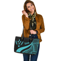 Kosrae Large Leather Tote Bag - Turquoise Polynesian Tentacle Tribal Pattern - Polynesian Pride